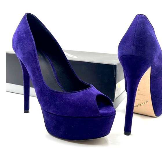 BRIAN ATWOOD Bambola Purple Luxury Suede Peep Toe Platform Heel Pumps